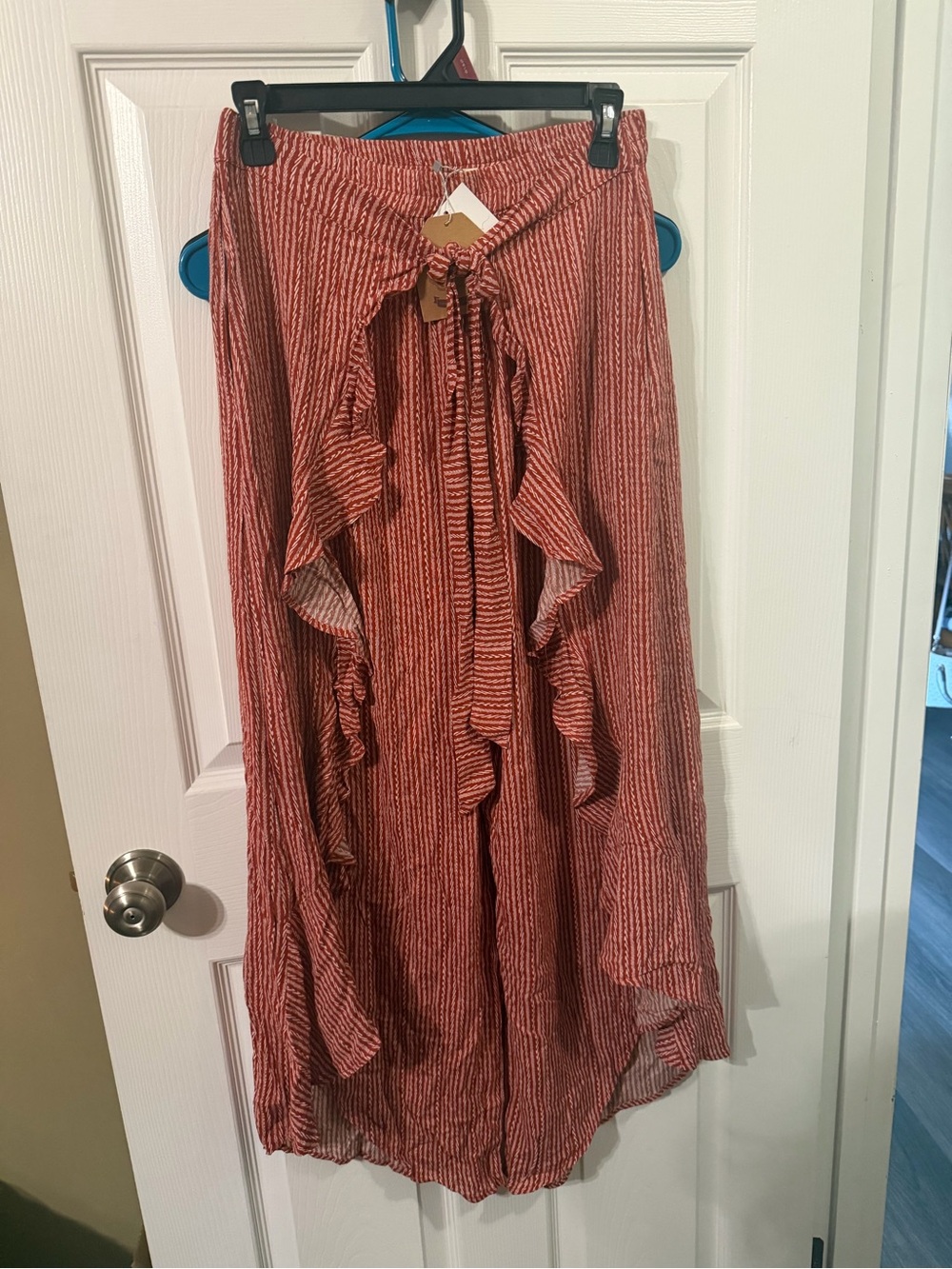 Ruffled Stripe Maxi Skirt - Rust Red
